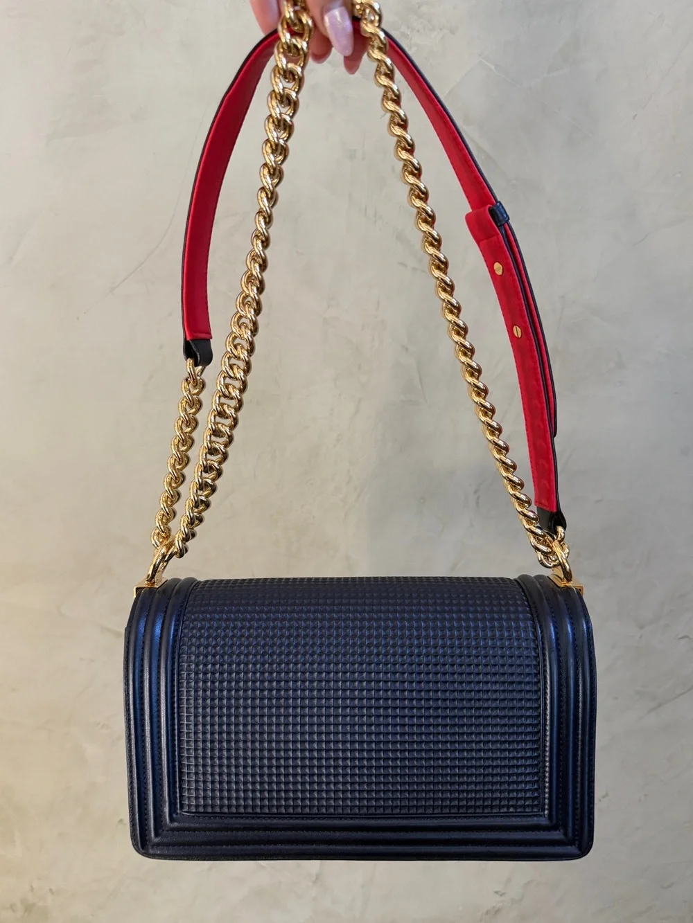 CHANEL Metallic Cube Embossed Lambskin Boy Flap Bag